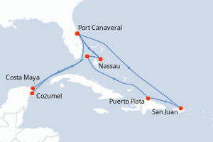 Carte itinéraire croisière États-Unis, Bahamas, Mexique, République Dominicaine, Porto Rico - 15 jours au départ de Port Canaveral - Caraïbes Bahamas