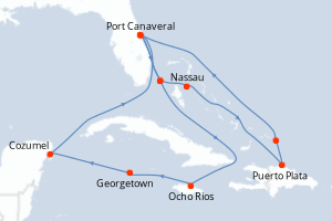 Carte itinéraire croisière États-Unis, Bahamas, République Dominicaine, Jamaïque, Caïmans (Îles), Mexique - 14 jours au départ de Port Canaveral - Caraïbes Bahamas