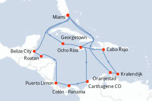 Carte itinéraire croisière États-Unis, Aruba, Pays-Bas, République Dominicaine, Jamaïque, Caïmans (Îles), Colombie, Panama, Costa Rica, Honduras, Belize - 21 jours au départ de Miami - Caraïbes Bahamas