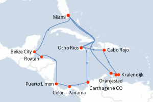 Carte itinéraire croisière États-Unis, Aruba, Pays-Bas, République Dominicaine, Jamaïque, Colombie, Panama, Costa Rica, Honduras, Belize - 21 jours au départ de Miami - Caraïbes Bahamas
