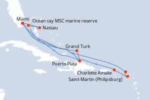 Carte itinéraire croisière Pays-Bas, Royaume-Uni, République Dominicaine, États-Unis, Bahamas - 15 jours au départ de Miami - Caraïbes Bahamas