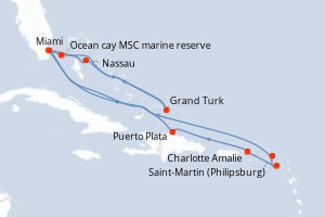 Carte itinéraire croisière Pays-Bas, Royaume-Uni, République Dominicaine, Bahamas, États-Unis - 14 jours au départ de Miami - Caraïbes Bahamas