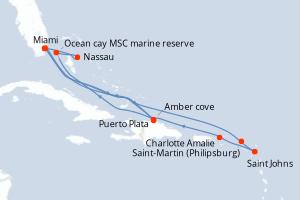 Carte itinéraire croisière États-Unis, Bahamas, Pays-Bas, Antigua-et-Barbuda, Royaume-Uni, République Dominicaine - 14 jours au départ de Miami - Caraïbes Bahamas