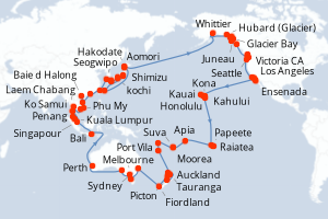 Carte itinéraire croisière Círculo del Pacífico - 115 jours au départ de Los Angeles - Tour du Monde