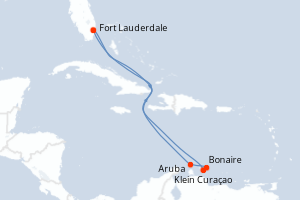 Carte itinéraire croisière Caribe Sur con Aruba - 8 jours au départ de Fort Lauderdale - Caraïbes Bahamas