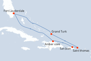 Carte itinéraire croisière Caribe Oriental con Puerto Rico - 8 jours au départ de Fort Lauderdale - Caraïbes Bahamas