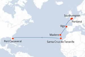 Carte itinéraire croisière Pasaje por España y Portugal - 15 jours au départ de Southampton - Transatlantique