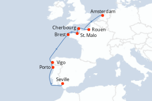 Carte itinéraire croisière Espagne, Portugal, France, Pays-Bas - 10 jours au départ de Seville - Europe du Nord