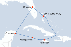 Carte itinéraire croisière États-Unis, Mexique, Caïmans (Îles), Jamaïque, Bahamas - 7 jours au départ de Orlando - Caraïbes Mexique