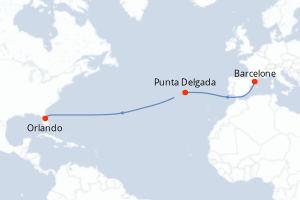 Carte itinéraire croisière Espagne, Portugal, États-Unis - 12 jours au départ de Barcelone - Transatlantique