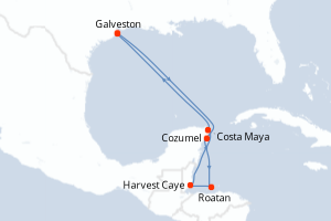 Carte itinéraire croisière États-Unis, Honduras, Belize, Mexique - 7 jours au départ de Galveston - Caraïbes Mexique