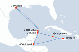 Carte itinéraire croisière États-Unis, Caïmans (Îles), Jamaïque, Belize, Mexique - 9 jours au départ de Galveston - Caraïbes Mexique