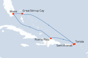 Carte itinéraire croisière États-Unis, République Dominicaine, Royaume-Uni, Bahamas - 7 jours au départ de Miami - Caraïbes Bahamas