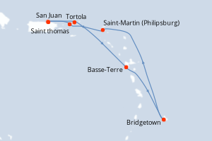 Carte itinéraire croisière Porto Rico, Royaume-Uni, France, Barbade, Pays-Bas, États-Unis - 7 jours au départ de San Juan - Caraïbes Bahamas