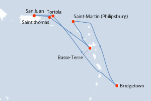 Carte itinéraire croisière Porto Rico, États-Unis, France, Pays-Bas, Barbade, Royaume-Uni - 7 jours au départ de San Juan - Caraïbes Bahamas