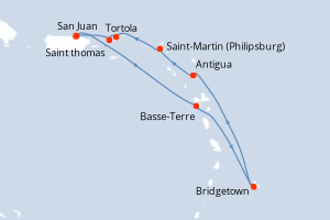 Carte itinéraire croisière Porto Rico, France, Barbade, Antigua-et-Barbuda, Pays-Bas, Royaume-Uni, États-Unis - 7 jours au départ de San Juan - Caraïbes Bahamas