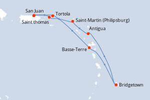 Carte itinéraire croisière Porto Rico, Royaume-Uni, France, Barbade, Antigua-et-Barbuda, Pays-Bas, États-Unis - 7 jours au départ de San Juan - Caraïbes Bahamas