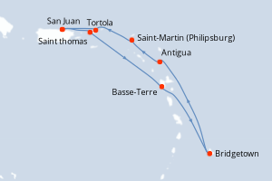 Carte itinéraire croisière Porto Rico, États-Unis, France, Barbade, Antigua-et-Barbuda, Pays-Bas, Royaume-Uni - 7 jours au départ de San Juan - Caraïbes Bahamas