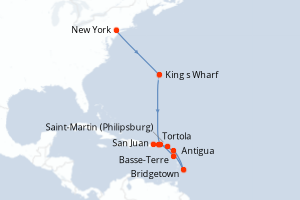 Carte itinéraire croisière États-Unis, Royaume-Uni, France, Barbade, Antigua-et-Barbuda, Pays-Bas, Porto Rico - 10 jours au départ de New York - Caraïbes Bahamas