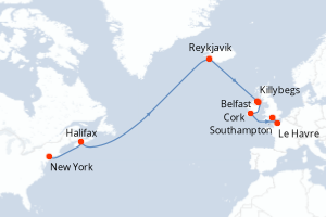 Carte itinéraire croisière États-Unis, Canada, Islande, Irlande, France, Royaume-Uni - 15 jours au départ de New York - Transatlantique
