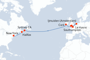Carte itinéraire croisière Pays-Bas, France, Royaume-Uni, Irlande, Canada, États-Unis - 14 jours au départ de Southampton - Transatlantique