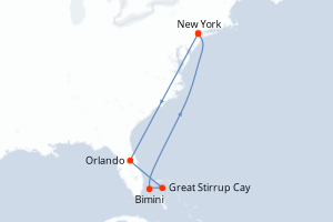Carte itinéraire croisière États-Unis, Bahamas - 8 jours au départ de New York - Amérique du Nord