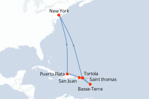 Carte itinéraire croisière États-Unis, République Dominicaine, Porto Rico, France, Royaume-Uni - 11 jours au départ de New York - Amérique du Nord