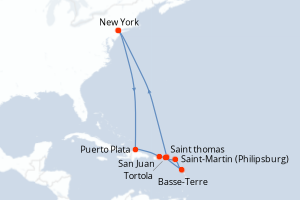 Carte itinéraire croisière États-Unis, République Dominicaine, Porto Rico, Pays-Bas, France, Royaume-Uni - 12 jours au départ de New York - Amérique du Nord