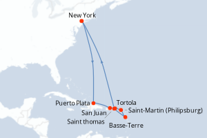 Carte itinéraire croisière États-Unis, République Dominicaine, Porto Rico, Royaume-Uni, Pays-Bas, France - 12 jours au départ de New York - Amérique du Nord