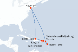 Carte itinéraire croisière États-Unis, République Dominicaine, Porto Rico, Royaume-Uni, France, Pays-Bas - 12 jours au départ de New York - Amérique du Nord