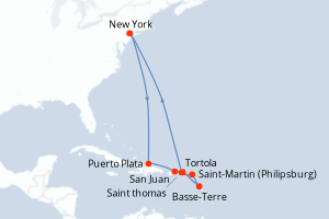 Carte itinéraire croisière États-Unis, République Dominicaine, Porto Rico, Pays-Bas, France, Royaume-Uni - 12 jours au départ de New York - Amérique du Nord
