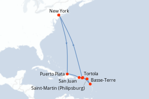 Carte itinéraire croisière États-Unis, République Dominicaine, Porto Rico, Royaume-Uni, France, Pays-Bas - 12 jours au départ de New York - Amérique du Nord