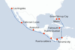 Carte itinéraire croisière États-Unis, Mexique, Guatemala, Porto Rico, Panama, Colombie, Jamaïque, Bahamas - 17 jours au départ de Los Angeles - Caraïbes Bahamas