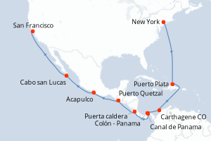Carte itinéraire croisière États-Unis, République Dominicaine, Colombie, Panama, Porto Rico, Guatemala, Mexique - 19 jours au départ de New York - Amérique du Nord