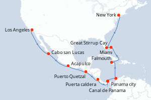 Carte itinéraire croisière États-Unis, Mexique, Guatemala, Porto Rico, Panama, Colombie, Jamaïque, Bahamas - 20 jours au départ de Los Angeles - Amérique du Nord