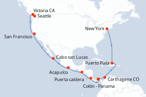 Carte itinéraire croisière États-Unis, République Dominicaine, Colombie, Panama, Porto Rico, Guatemala, Mexique, Canada - 22 jours au départ de New York - Alaska