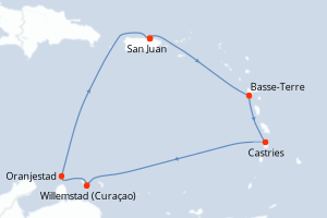 Carte itinéraire croisière Porto Rico, France, Sainte-Lucie, Aruba - 7 jours au départ de San Juan - Caraïbes Bahamas