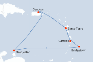 Carte itinéraire croisière Porto Rico, Aruba, Barbade, Sainte-Lucie, France - 7 jours au départ de San Juan - Caraïbes Bahamas