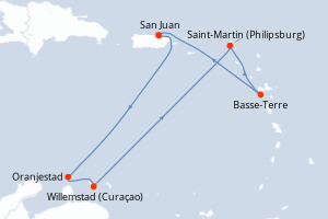 Carte itinéraire croisière Porto Rico, Aruba, Pays-Bas, France - 7 jours au départ de San Juan - Caraïbes Bahamas