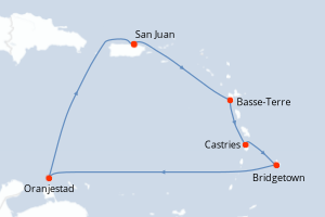 Carte itinéraire croisière Porto Rico, France, Sainte-Lucie, Barbade, Aruba - 7 jours au départ de San Juan - Caraïbes Bahamas