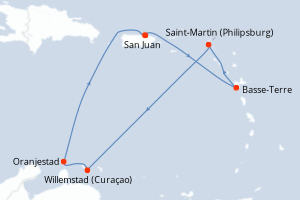 Carte itinéraire croisière Porto Rico, France, Pays-Bas, Aruba - 7 jours au départ de San Juan - Caraïbes Bahamas