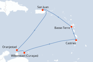Carte itinéraire croisière Porto Rico, Aruba, Sainte-Lucie, France - 7 jours au départ de San Juan - Caraïbes Bahamas