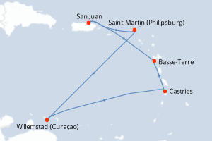 Carte itinéraire croisière Porto Rico, Pays-Bas, Sainte-Lucie, France - 7 jours au départ de San Juan - Caraïbes Bahamas