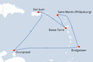 Carte itinéraire croisière Porto Rico, Aruba, Barbade, Pays-Bas, France - 7 jours au départ de San Juan - Caraïbes Bahamas
