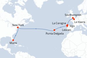Carte itinéraire croisière Royaume-Uni, France, Espagne, Portugal, États-Unis - 17 jours au départ de Southampton - Transatlantique