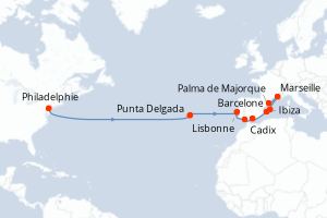 Carte itinéraire croisière États-Unis, Portugal, France, Espagne - 14 jours au départ de Philadelphie - Méditerranée