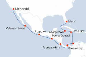 Carte itinéraire croisière États-Unis, Mexique, Guatemala, Porto Rico, Panama, Colombie, Jamaïque, Caïmans (Îles) - 17 jours au départ de Los Angeles - Caraïbes Bahamas