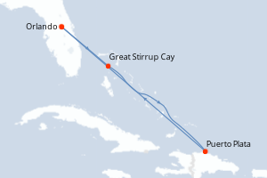 Carte itinéraire croisière États-Unis, Bahamas, République Dominicaine - 5 jours au départ de Orlando - Caraïbes Mexique
