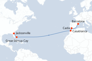 Carte itinéraire croisière Espagne, Maroc, Bahamas, États-Unis - 14 jours au départ de Barcelone - Transatlantique