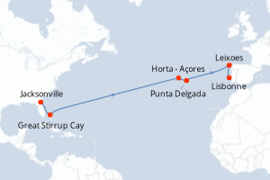 Carte itinéraire croisière États-Unis, Bahamas, Portugal - 13 jours au départ de Jacksonville - Atlantique